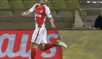 FILE - In this Wednesday, Nov. 2, 2016 file photo, Monaco&#39;s Valere Germain, left, reacts after scoring his team&#39;s opening goal during their Champions League Group E soccer match between Monaco and CSKA at the Louis II stadium in Monaco. While the return to form of striker Radamel Falcao and the rise of brilliant teen forward Kylian Mbappe have grabbed headlines, another Monaco player has quietly emerged to become a key player.  (AP Photo/Claude Paris, File )