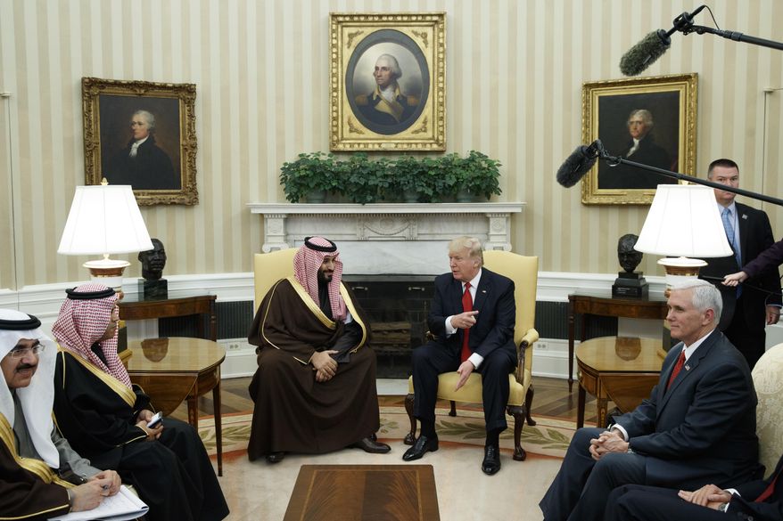 President Donald Trump meets with Saudi Defense Minister and Deputy Crown Prince Mohammed bin Salman bin Abdulaziz Al Saud in the Oval Office of the White House in Washington, Tuesday, March 14, 2017. (AP Photo/Evan Vucci) ** FILE **