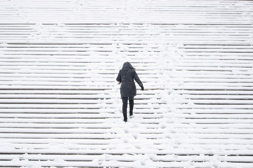A woman climbs the snow covered steps of the Philadelphia Museum of Art during a winter storm in Philadelphia, Tuesday, March 14, 2017. (AP Photo/Matt Rourke)