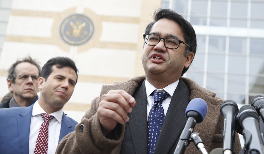 Omar Jadwat of the ACLU speaks to reporters outside the courthouse in Greenbelt, Md., Wednesday, March 15, 2017. A federal judge in Maryland says he will issue a ruling in a lawsuit challenging President Donald Trump&#39;s revised travel ban. (AP Photo/Manuel Balce Ceneta)