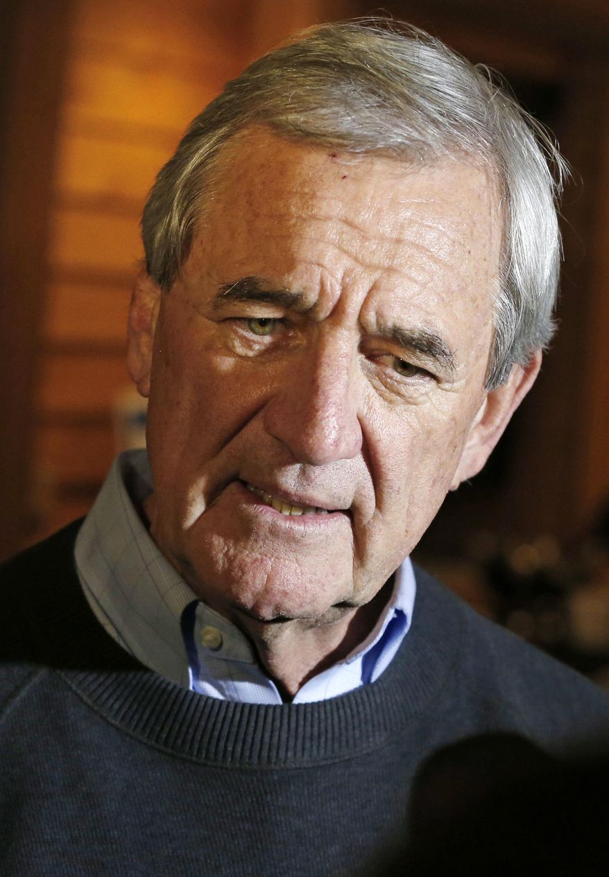 FILE - In this Nov. 9, 2016 election night file photo, Rep. Rick Nolan, D-Minn., meets with reporters in Baxter, Minn. Friends and foes of copper-nickel mining in northeastern Minnesota are mobilizing their supporters for a public meeting in Duluth on a proposal made in the final weeks of the Obama administration to bar over 234,000 acres of land near the Boundary Waters Canoe Area from further minerals exploration or mining for at least 20 years. Nolan, who represents northeastern Minnesota and was one of the original sponsors of legislation that created the BWCA, is trying to persuade the Trump administration to reverse course. (AP Photo/Jim Mone,File)