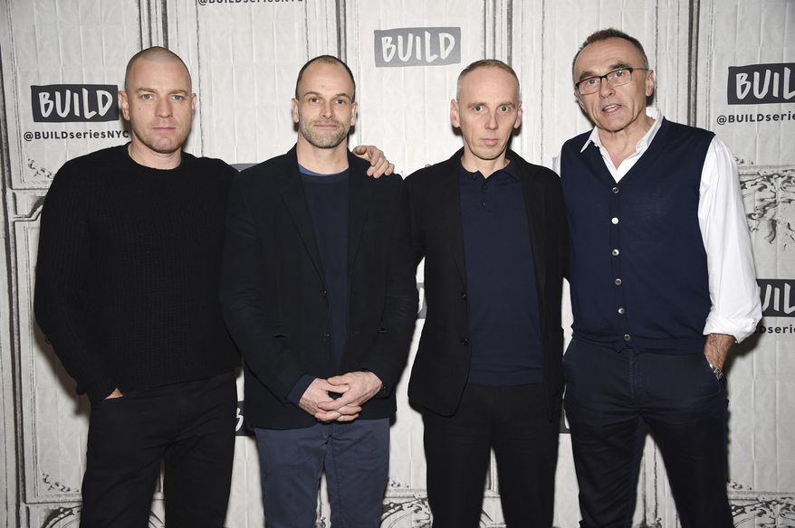 Actors Ewan McGregor, left, Jonny Lee Miller and Ewen Bremner pose with director Danny Boyle, right, backstage at the BUILD Speaker Series to discuss the film, "T2 Trainspotting", at AOL Studios on Tuesday, March 14, 2017, in New York. (Photo by Evan Agostini/Invision/AP)