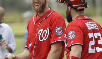 FILE - In this Feb. 16, 2017 file photo, Washington Nationals pitcher Stephen Strasburg, left, talks with catcher Derek Norris (23) after throwing during a spring training baseball workout in West Palm Beach, Fla. The Nationals have unconditionally released Norris, who at one point appeared to be penciled in as Washington&#39;s starting catcher but became expendable after the club signed free agent Matt Wieters.  (AP Photo/David J. Phillip, File)