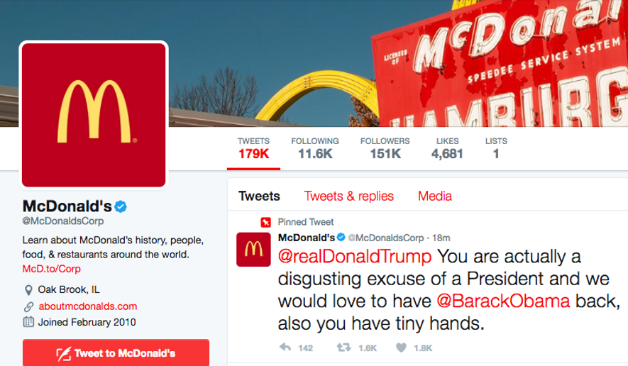 McDonald&#39;s Twitter account featuring a &#39;pinned&#39; tweet insulting President Trump.