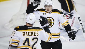 Boston Bruins&#39; David Backes, left, celebrates his goal with teammate Frank Vatrano during second period NHL hockey action against the Calgary Flames, in Calgary on Wednesday, March 15, 2017. (Jeff McIntosh/The Canadian Press via AP)