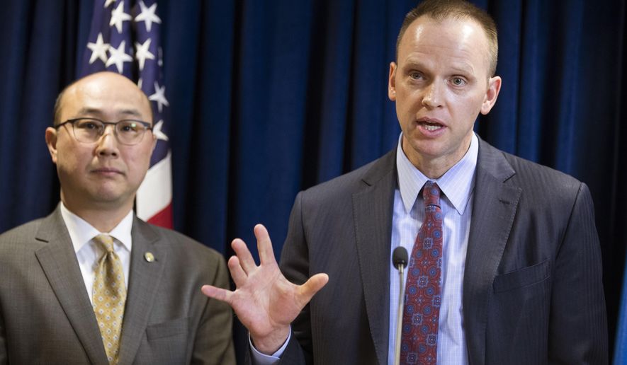 Assistant Ramsey County Attorney Andrew Johnson speaks during a news conference at the Ramsey County Attorney's office on Thursday, March 16, 2017 to announce second degree murder charges against Michael Anthony Withers in the 1987 murder of Lillian Kuller in St. Paul, Minn. Prosecutors say they used new DNA tests to break the 30-year-old cold-case killing. The Ramsey County Attorney’s Office on Thursday charged Withers with two counts of second-degree murder in the 1987 death of 81-year-old Lillian Kuller. (Leila Navidi/Star Tribune via AP)