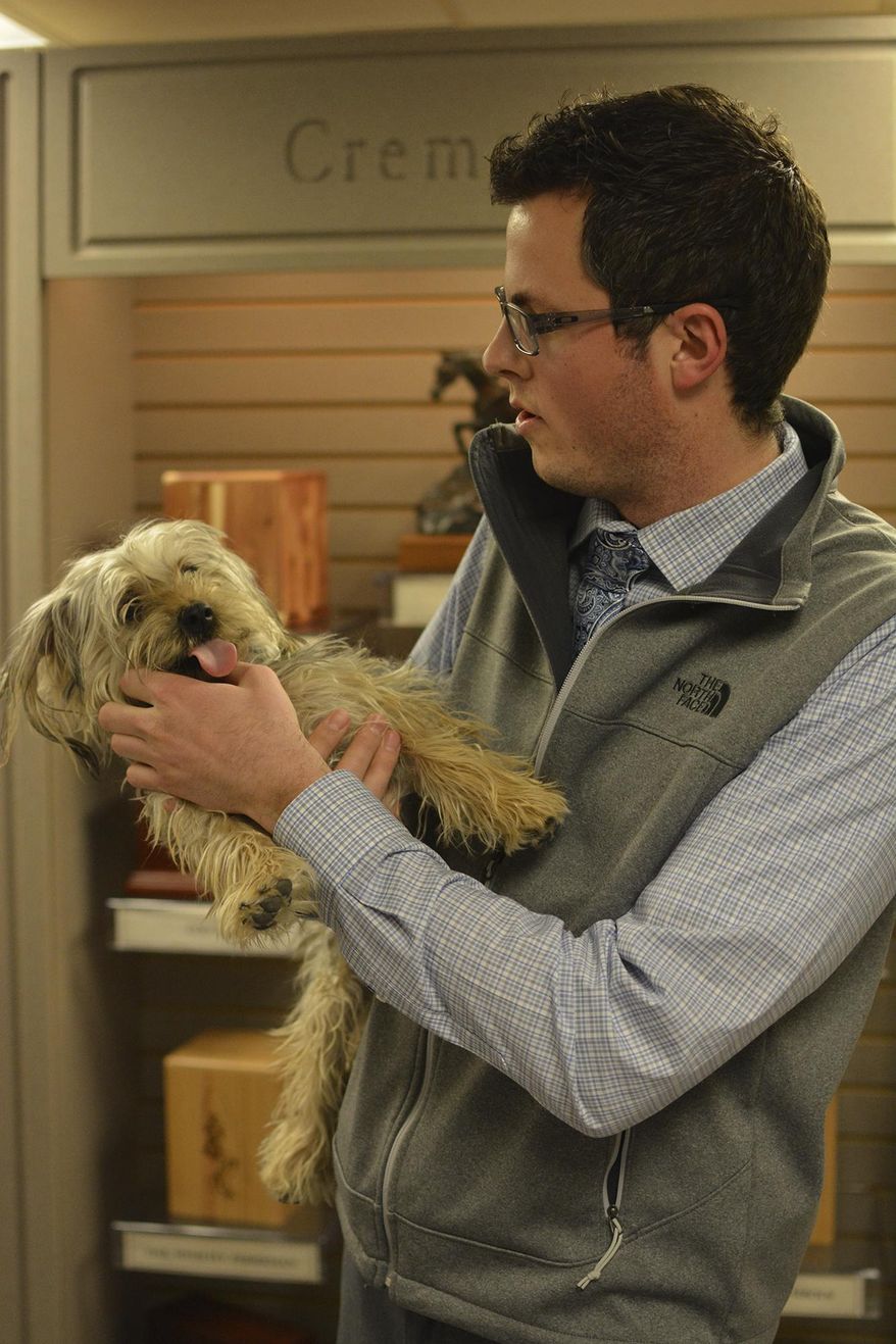 In a March 2, 2017 photo, Cody Gortmaker, funeral director and manager of Ballard Funeral Home, gives some attention to Dash, a Maltese-Yorkshire terrier mix who serves as a therapy dog at the Cody, Wyoming, facility. 'Dash just kind of takes your mind off of stuff and makes it a lot easier,' says Henrietta 'Henry' McGary. She met Dash when planning her mother's funeral last month. (CJ Baker/The Powell Tribune via AP)