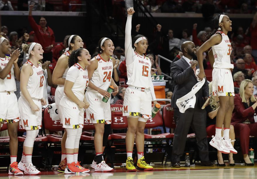 FILE - In this Feb. 26, 2017, file photo, Maryland players react on the bench after a Maryland score in the final moments of an NCAA college basketball game against Minnesota, in College Park, Md. The journey for Maryland (30-2) begins Friday against Bucknell (27-5). (AP Photo/Patrick Semansky, File)