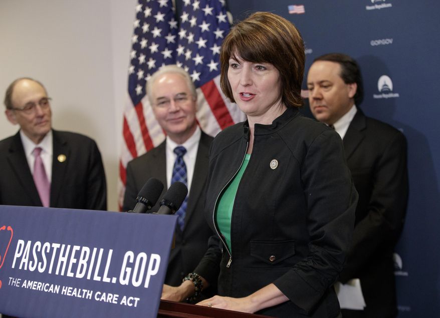 Rep. Cathy McMorris Rodgers, R-Wash., chair of the Republican Conference, center, joined by, from left, Rep. Phil Roe, R-Tenn., Health and Human Services Secretary Tom Price, and Rep. Pat Tiberi, R-Ohio, speaks during a news conference on Capitol Hill in Washington, Friday, March 17, 2017, as House Republicans push for unity in advancing the GOP&#39;s &amp;quot;Obamacare&amp;quot; replacement bill. (AP Photo/J. Scott Applewhite)