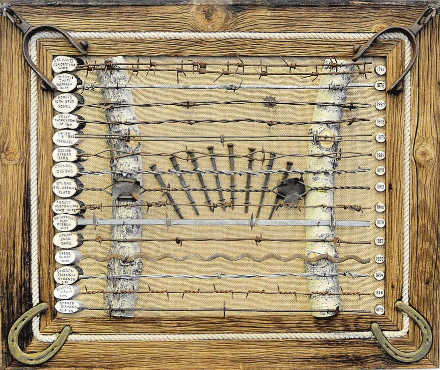 This photo taken March 8, 2017, shows a piece made by Mike Call to display the barbed wire he has collected over the years. Displays by Call and other collectors will be on display during the 2017 Western Collectibles Show March 24-25 at the Carson Valley Inn in Minden, N.V. (Amy Alonzo /The Record Courier via AP)