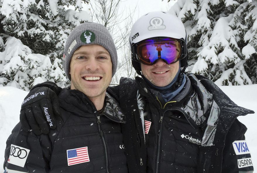 In this image taken Thursday, March 16, 2017, and provided by the U.S. Ski and Snowboard Association , brothers Brad, left, and Bryon Wilson pose in Steamboat Springs, Colo. Bryon is an Olympic bronze medal from Vancouver. Brad finished 20th four years later in Sochi. The ultimate goal, of course, would be for the Bump Brothers to qualify together for next year's games in South Korea. (Bryon Wilson Sr./ U.S. Ski and Snowboard Association via AP)