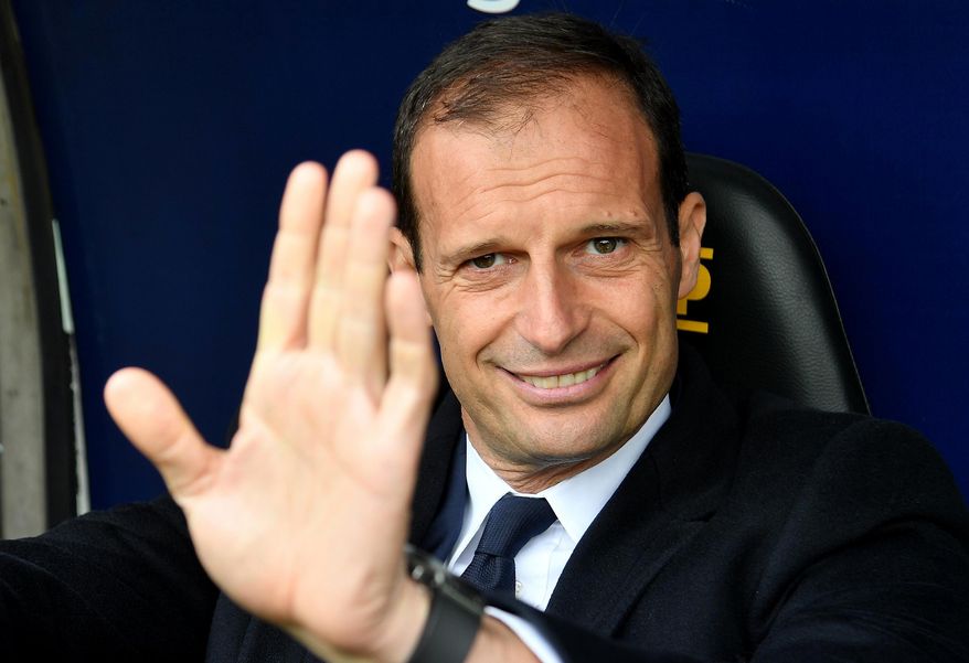Juventus 'coach Massimiliano Allegri waves prior the Serie A soccer match between Sampdoria and Juventus at the Luigi Ferraris stadium in Genoa, Italy, Sunday March 19, 2017. (Luca Zennaro/ANSA via AP)