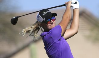 Anna Nordqvist, of Sweden, tees off on the eighth tee during the final round of a LPGA golf tournament on Sunday, March 19, 2017, in Phoenix, Ariz. (AP Photo/Rick Scuteri)