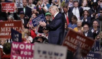 FILE - In this March 15, 2017 file photo, President Donald Trump speaks at a rally in Nashville, Tenn. Trump is taking his message directly to his ardent supporters. At a series of upcoming rallies, he’s working to recapture the enthusiasm of his campaign and reassure his supporters about his tumultuous early days in the White House. (AP Photo/Mark Humphrey, File)