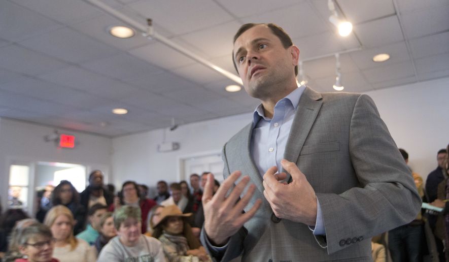 Democratic gubernatorial candidate, former Congressman Tom Perriello, gestures during a town hall in Richmond, Va., Wednesday, March 15, 2017. Perriello is running against Lt. Gov. Ralph Northam in June&#x27;s primary. (AP Photo/Steve Helber) ** FILE **