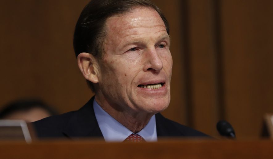 Senate Judiciary Committee member Sen. Richard Blumenthal, D-Conn., speaks on Capitol Hill in Washington, in this Monday, March 20, 2017, file photo during the committee&#x27;s confirmation hearing for Supreme Court Justice nominee Neil Gorsuch. (AP Photo/Pablo Martinez Monsivais) ** FILE **