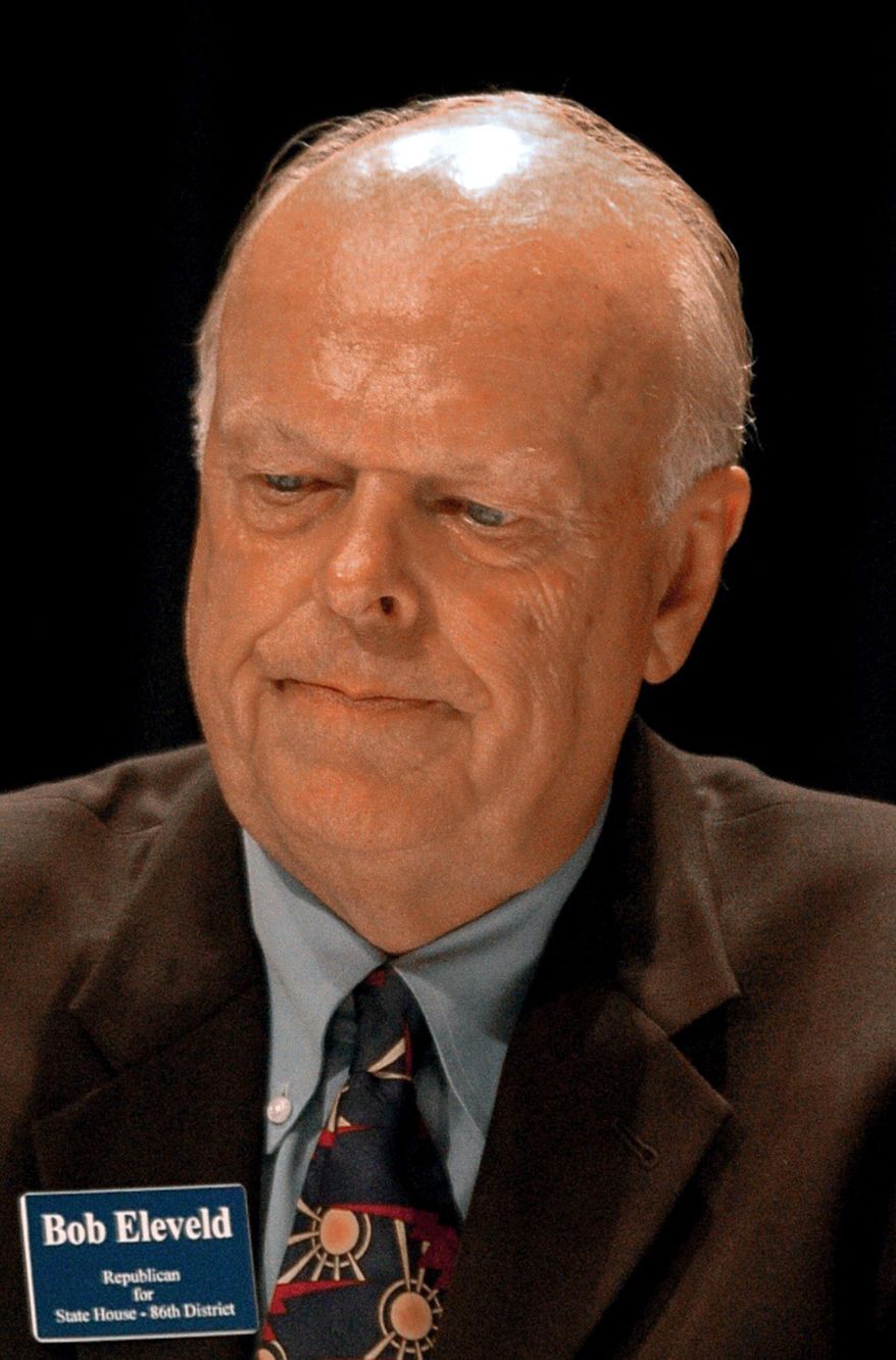 In this undated photo, Michigan House candidate Bob Eleveld participated in a debate for the 86th state seat in Grand Rapids, Mich. Eleveld, 80, has published his own obituary and scheduled his own memorial service after stopping cancer treatment. He announced that he will host a "celebration of life" open house on Saturday, March 18, 2017, in lieu of a funeral. (Noel Webley II/The Grand Rapids Press via AP)