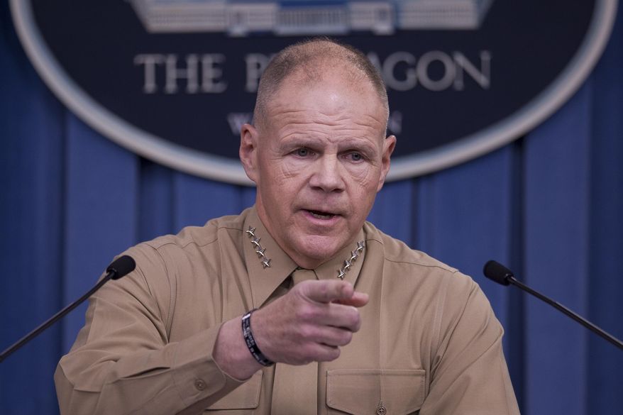 FILE - In this March 10, 2017 file photo, Marine Corps Commandant Gen. Robert Neller speaks during a news conference at the Pentagon. Battered by a nude photo scandal, the Marine Corps has published a longer and more detailed social media policy, laying out the professional and legal ramifications for service members who participate in online misconduct. (AP Photo/Cliff Owen, File)