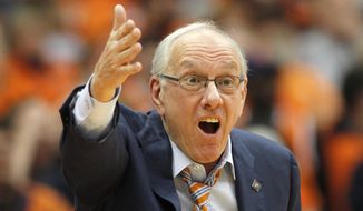 Syracuse head coach Jim Boeheim yells to an official in the second half of an NCAA college basketball NIT game against Mississippi in Syracuse, N.Y., Saturday, March 18, 2017. Mississippi won 85-80. (AP Photo/Nick Lisi)