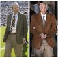 FILE – In this combination of file photos, Penn State President Graham Spanier, left, walks on the field before an NCAA college football game Oct. 8, 2011, in State College, Pa., and former Penn State assistant football coach Jerry Sandusky leaves in custody after being found guilty of child sexual abuse charges on June 22, 2012, at the Centre County Courthouse in Bellefonte, Pa. Jury selection is scheduled to begin in Harrisburg, Pa., on Monday, March 20, 2017, in Spanier&#39;s trial on charges that children were put at risk by how he responded to complaints about Sandusky more than 15 years ago. (AP Photo/Gene J. Puskar, File)