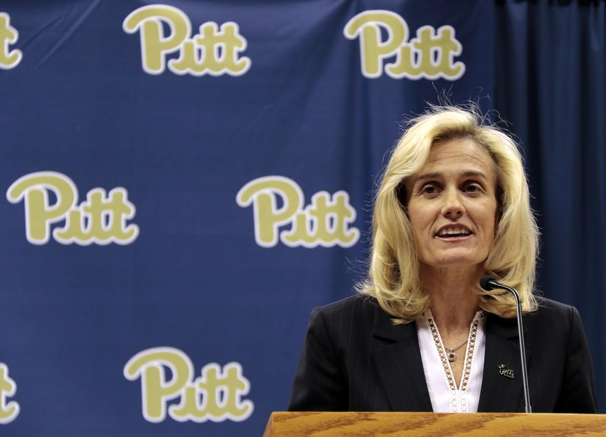 Heather Lyke makes remarks after being introduced as the new athletic director at the University of Pittsburgh in Pittsburgh, Monday, March 20, 2017. Lyke was most recently athletic director at Eastern Michigan UnIversity. (AP Photo/Gene J. Puskar)