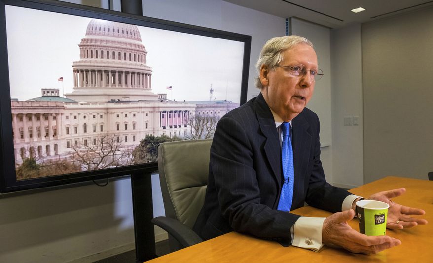 Senate Majority Leader Mitch McConnell of Ky. answers reporters questions during a newsmaker interview at the Associated Press bureau in Washington, Tuesday, March 21, 2017. (AP Photo/J. David Ake) ** FILE **