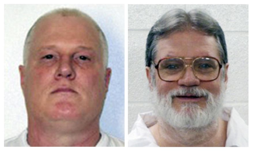 FILE - This combination of file photos provided by the Arkansas Department of Correction shows death-row inmates Don William Davis, left, and Bruce Earl Ward. Both men are scheduled for execution April 17, 2017. (Arkansas Department of Correction via AP, File)