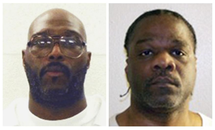 This combination of undated photos provided by the Arkansas Department of Correction shows death-row inmates Stacey E. Johnson, left, and Ledelle Lee. Both men are scheduled for execution on April 20, 2017. (Arkansas Department of Correction via AP)
