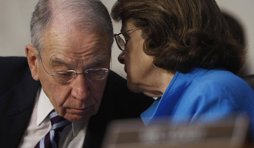 Senate Judiciary Committee Chairman Sen. Charles Grassley, R-Iowa confers with the committee&#39;s ranking member Sen. Dianne Feinstein, D-Calif. on Capitol Hill in Washington, Monday, March 20, 2017, during the committee&#39;s confirmation hearing for Supreme Court Justice nominee Neil Gorsuch. (AP Photo/Pablo Martinez Monsivais)