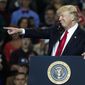 President Donald Trump points as he speaks during a rally at the Kentucky Exposition Center, Monday, March 20, 2017, in Louisville, Ky. (AP Photo/John Minchillo)