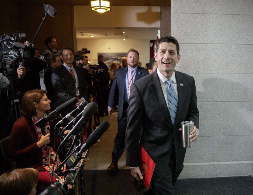 House Speaker Paul Ryan of Wis. arrives on Capitol Hill in Washington, Tuesday, March 21, 2017, as President Donald Trump came to the Capitol to rally support for the Republican health care overhaul by taking his case directly to GOP lawmakers. (AP Photo/J. Scott Applewhite)