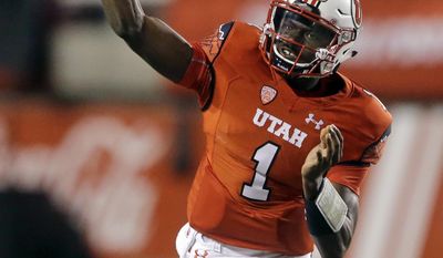 FILE - This Sept. 1, 2016, file photo, Utah quarterback Tyler Huntley throws down field in the second half during an NCAA college football game against Southern Utah in Salt Lake City. Utah returns to spring practices after spring break and continue to learn new offensive coordinator Troy Taylor&#x27;s system. As the unit learns, there&#x27;s also an open competition at quarterback between returning starter Troy Williams, sophomore Tyler Huntley and Alabama transfer Cooper Bateman. (AP Photo/Rick Bowmer, File)