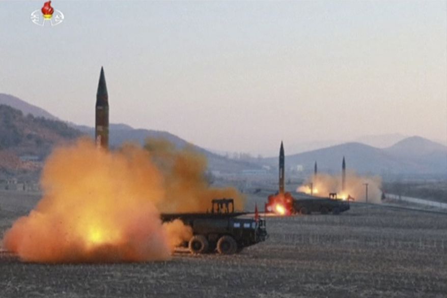 In this file image made from video released by KRT on Tuesday, March 7, 2017, North Korea launches four missiles in an undisclosed location North Korea. (KRT via AP Video, File)