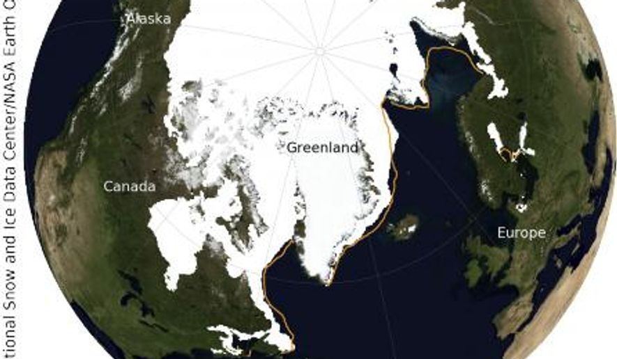 In this image provided by the National Snow and Ice Data Center and NASA, shows how low sea ice levels were in the Arctic this winter, alarming climate scientists. During the winter, Arctic sea ice grew to 5.57 million square miles (14.42 million square kilometers) at its peak, but that’s the smallest amount of winter sea ice in 38 years of record keeping, beating the record set in 2015 and tied last year. Sea ice in March of this year was smaller than last year by an area about the size of the state of Maine. (National Snow and Ice Data Center and NASA via AP)