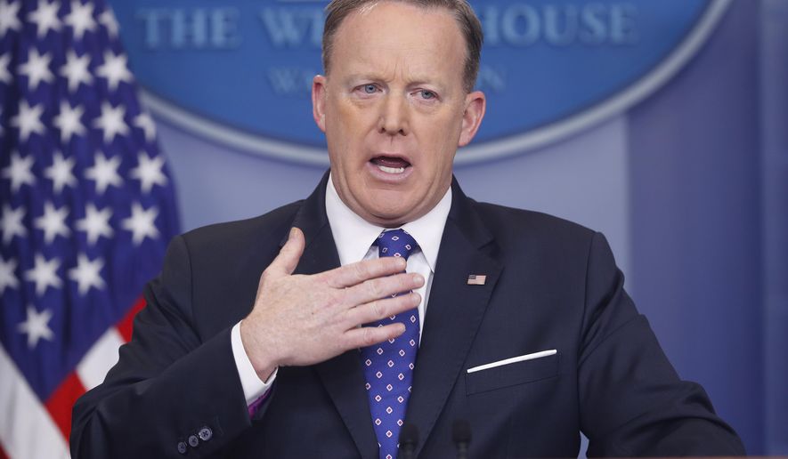 White House press secretary Sean Spicer speaks to the media during the daily briefing in the Brady Press Briefing Room of the White House in Washington, Wednesday, March 22, 2017. (AP Photo/Pablo Martinez Monsivais)