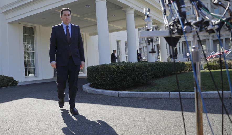 House Intelligence Committee Chairman Rep. Devin Nunes, R-Calif, walks out of the White House in Washington, Wednesday, March 22, 2017,to speak with reporters after a meeting with President Donald Trump. (AP Photo/Pablo Martinez Monsivais)