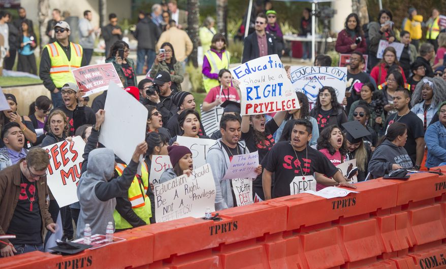 Students and supporters protest outside of the California State University Office of the Chancellor as the CSU Trustees finance committee vote on a tuition increase on a 7 to 2 vote in Long Beach Wednesday, March 22, 2017. (Thomas R. Cordova/Los Angeles Daily News via AP)