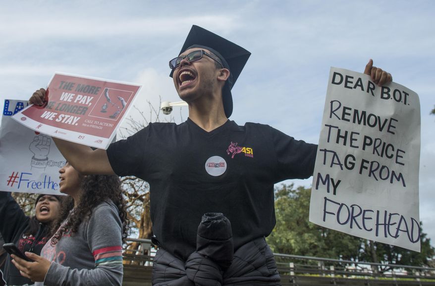 Students and supporters protest outside of the California State University Office of the Chancellor as the CSU Trustees finance committee vote on a tuition increase on a 7 to 2 vote in Long Beach Wednesday, March 22, 2017. (Thomas R. Cordova/Los Angeles Daily News via AP)