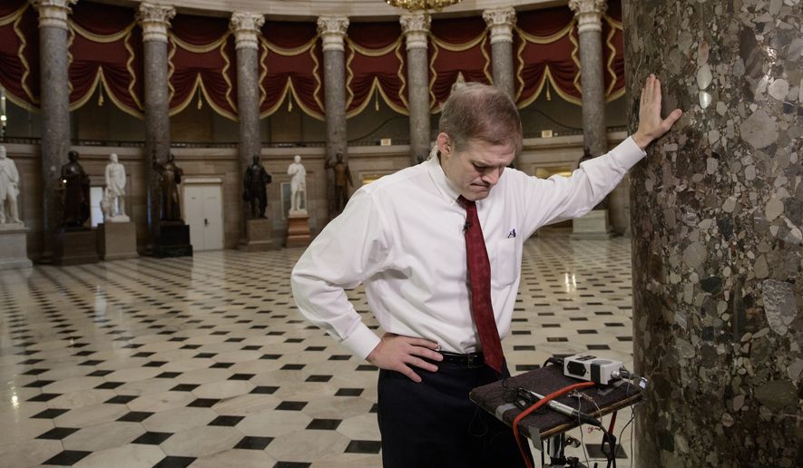 Rep. Jim Jordan, R-Ohio, a key member and founder of the conservative Freedom Caucus, arrives for a TV interview on Capitol Hill in Washington, Thursday, March 23, 2017, as the GOP&#39;s long-promised legislation to repeal and replace &quot;Obamacare&quot; comes to a showdown vote. (AP Photo/J. Scott Applewhite)