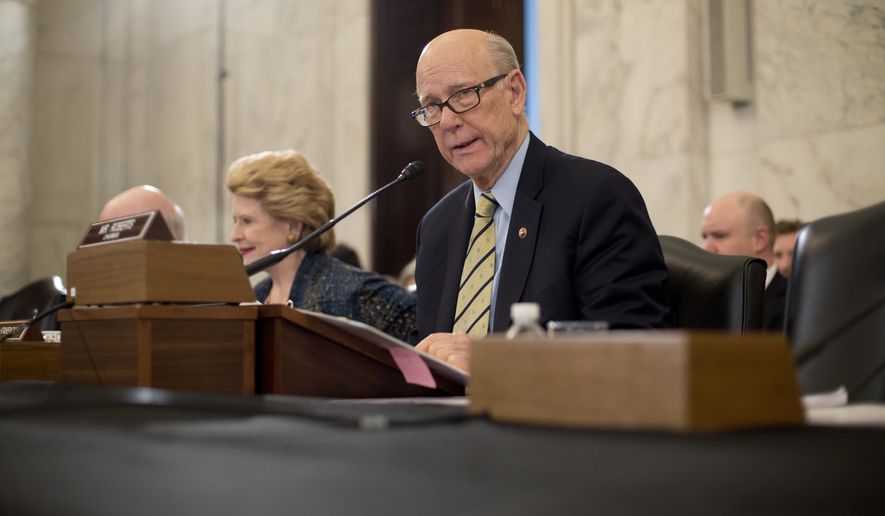 Senate Agriculture, Nutrition and Forestry Committee Chairman Sen. Pat Roberts, R-Kan. speaks on Capitol Hill in Washington, Thursday, March 23, 2017, prior to the start of the committee&#x27;s confirmation hearing for Agriculture Secretary-designate Sonny Perdue. The committee&#x27;s ranking member Sen. Debbie Stabenow, D-Mich. is at left. (AP Photo/Pablo Martinez Monsivais)