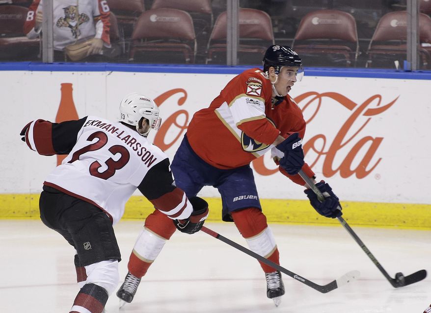 Florida Panthers right wing Reilly Smith (18) controls the puck as Arizona Coyotes defenseman Oliver Ekman-Larsson (23) defends during the first period of an NHL hockey game, Thursday, March 23, 2017, in Sunrise, Fla. (AP Photo/Terry Renna)