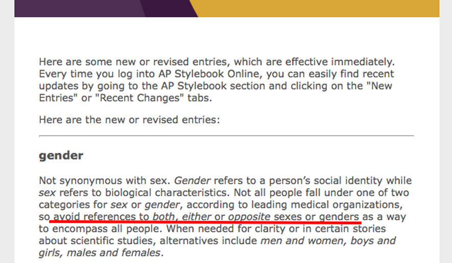 Screen capture from an AP email on Stylebook changes effective March 24, 2017. Portion in red added by Ken Shepherd, Washington Times. (AP)