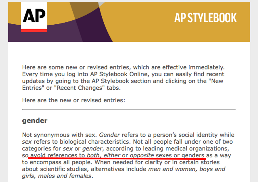 Screen capture from an AP email on Stylebook changes effective March 24, 2017. Portion in red added by Ken Shepherd, Washington Times. (AP)