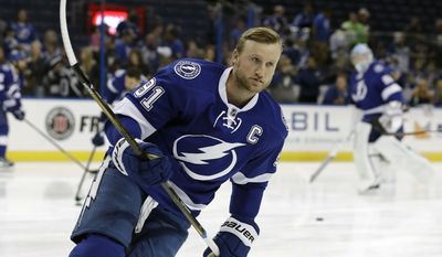 FILE - In this Oct. 20, 2016, file photo, Tampa Bay Lightning center Steven Stamkos warms up before an NHL hockey game against the Colorado Avalanche, in Tampa, Fla. Several high-profile injuries around the league have contributed to derailing teams’ seasons, like Tampa Bay losing  Stamkos for four months. “There’s other teams that are good teams that have just had some bad luck,” Penguins general manager Jim Rutherford said. “Tampa Bay just couldn’t overcome the injuries. If Tampa Bay has Stamkos all the way through the season, they’d certainly be a different place.”(AP Photo/Chris O&#x27;Meara, File)