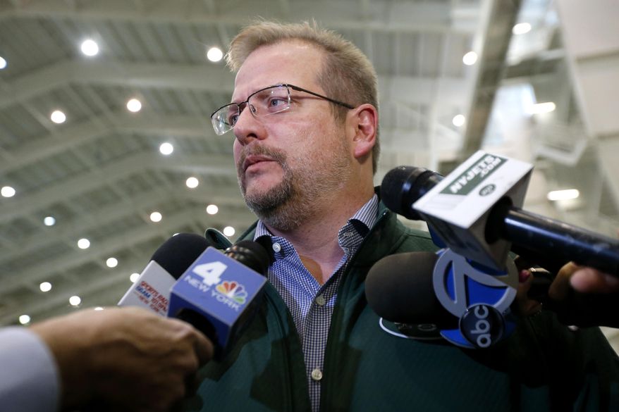 FILE - In this Jan. 14, 2016, file photo, New York Jets general manager Mike Maccagnan speaks to reporters at the team's NFL football training center in Florham Park, N.J. Maccagnan says it is "highly unlikely" New York will add another veteran quarterback after signing Josh McCown earlier this week. Maccagnan adds during a conference call Friday, March 24, 2017, that any other potential additional quarterback would likely come through the draft.(AP Photo/Julio Cortez, File)