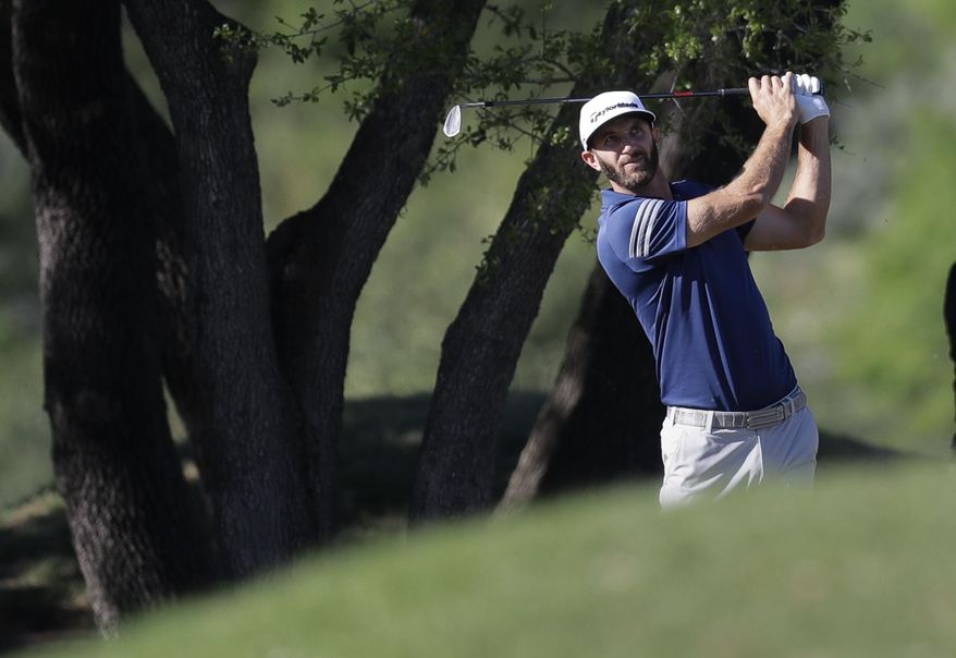 Dustin Johnson hits from the rough on the fifth hole during the round of 16 play at the Dell Technologies Match Play golf tournament at Austin County Club, Saturday, March 25, 2017, in Austin, Texas. (AP Photo/Eric Gay)