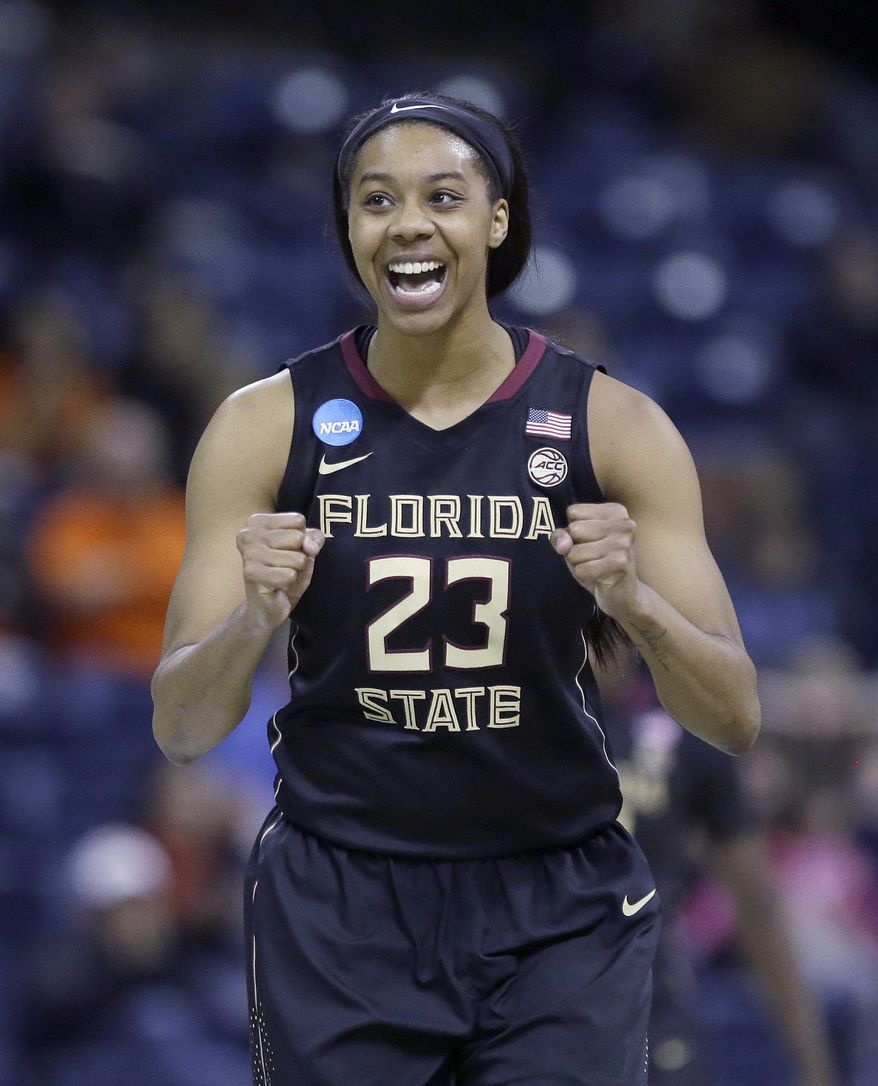Florida State forward Ivey Slaughter smiles after scoring against Oregon State during the second half of a regional semi-final round game of an NCAA college basketball tournament, Saturday, March 25, 2017, in Stockton, Calif. Florida State won 66-53. (AP Photo/Rich Pedroncelli)