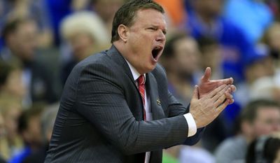 Kansas coach Bill Self reacts to a call during the first half of the team&#39;s final against Oregon in the NCAA men&#39;s college basketball tournament Midwest Regional, Saturday, March 25, 2017, in Kansas City, Mo. (AP Photo/Orlin Wagner)