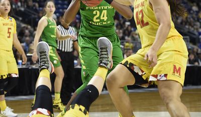 Maryland's Stephanie Jones, right, pressures Oregon's Ruthy Hebard, center, as Maryland's Kristen Confroy, left, falls to the court, during the first half of a regional semifinal game in the NCAA women's college basketball tournament, Saturday, March 25, 2017, in Bridgeport, Conn. (AP Photo/Jessica Hill)