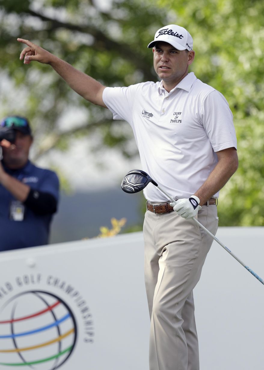 Bill Haas signals the direction of his drive on the sixth hole during semifinal play at the Dell Technologies Match Play golf tournament at Austin County Club, Sunday, March 26, 2017, in Austin, Texas. (AP Photo/Eric Gay)